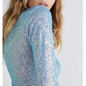 NEW FREE PEOPLE GOLD RUSH LONG SLEEVE TOP AQUA COMBO XS